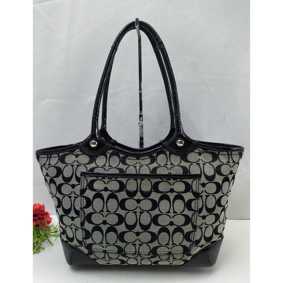 Coach Bleecker Signature Black Canvas Leather Trim Top Handle Tote Shoulder Bag - Picture 2 of 15